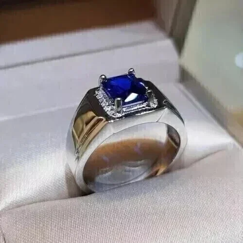 3.00Ct Emerald Cut Simulated Blue Sapphire Classic Wedding Men's Pinky Ring 14k White Gold Plated 925 Sterling Silver