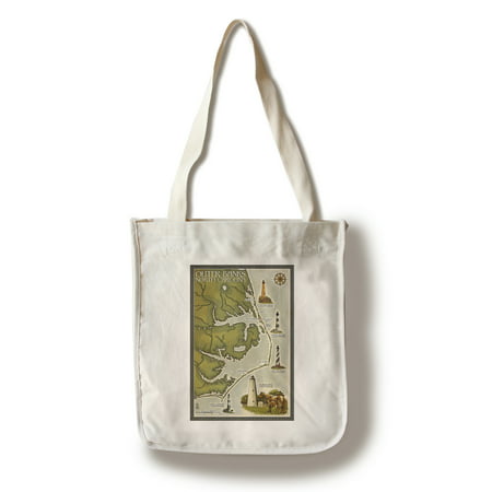 Outer Banks, North Carolina - Lighthouse & Town Map - Lantern Press Artwork (100% Cotton Tote Bag -