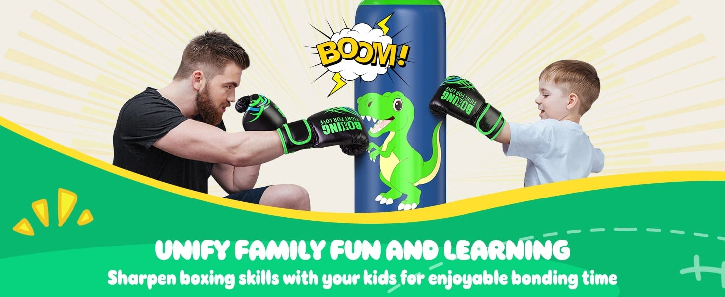 48" Inflatable Punching Bag for Kids, Lava Green Dinosaur with Blue Pillar, Dinosaur Bop Bag for Boys & Girls Ages 3-8
