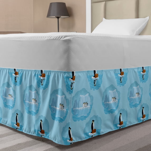 Winter Bed Skirt, Natural Theme Penguins and Snow Glaciers Cold Polar Life, Elastic Bedskirt Dust Ruffle Wrap Around for Bedding Decor, 4 Sizes, Sky Blue Dark Grey, by Ambesonne