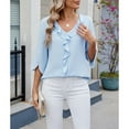 thumbnail image 6 of Ajshakl Blue V-Neck Casual T Shirts for Women, 2025 Chiffon Shirt Mid Sleeved Pleated Ruffled Loose Top Mid Sleeved Top, 6 of 7