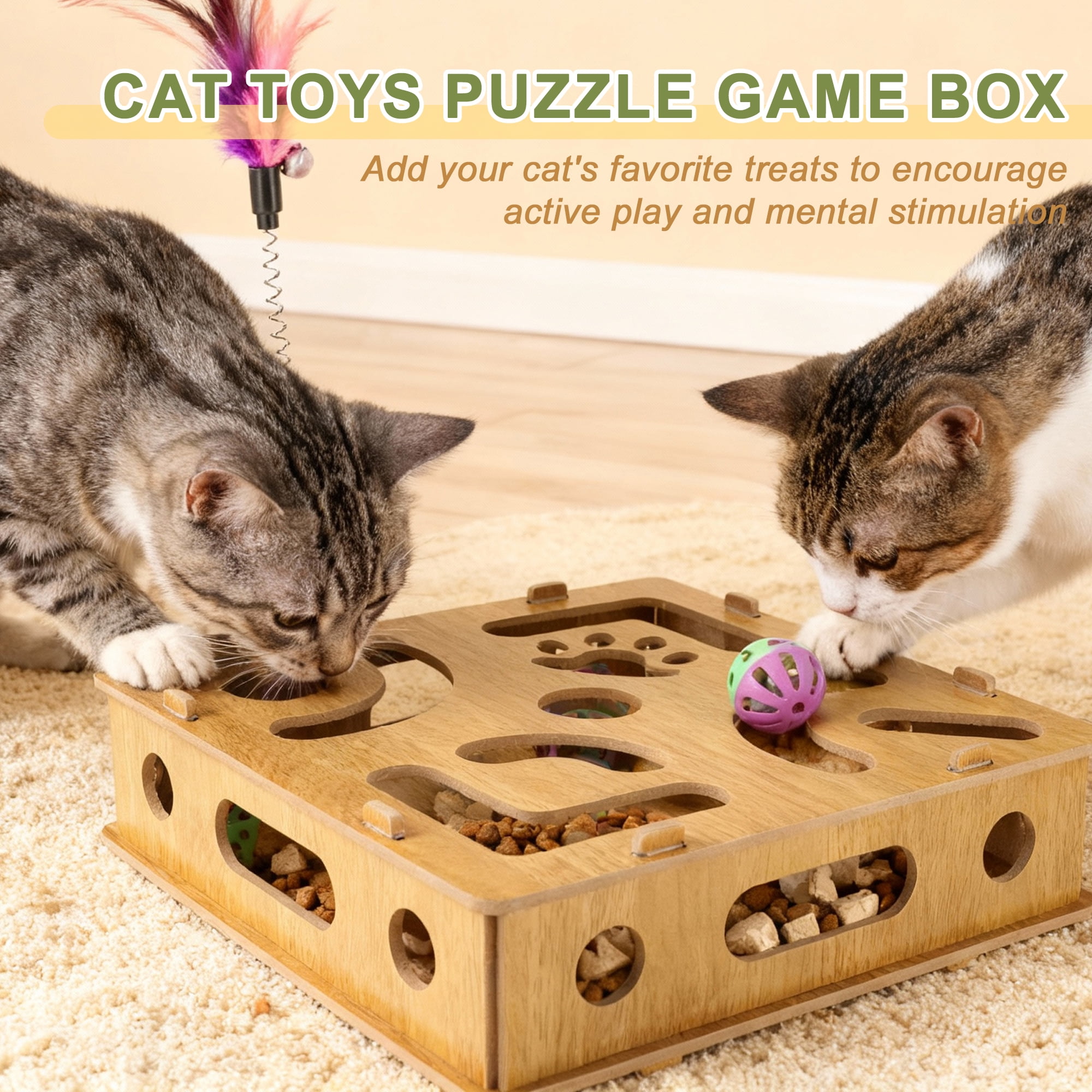Unique Bargains Cat Toys for Indoor Cats Interactive Wooden Puzzle Toy Box Stimulate Hunting Instincts and Reduce Boredom Wood Color