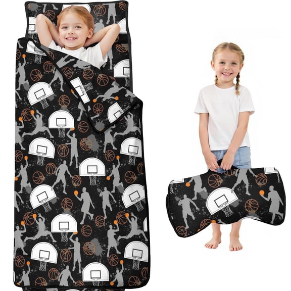 Basketball and Splash Black Pattern Teens Toddler Nap Mat with Pillow, Sleeping Mat Bag for Preschool Daycare 59"x22"