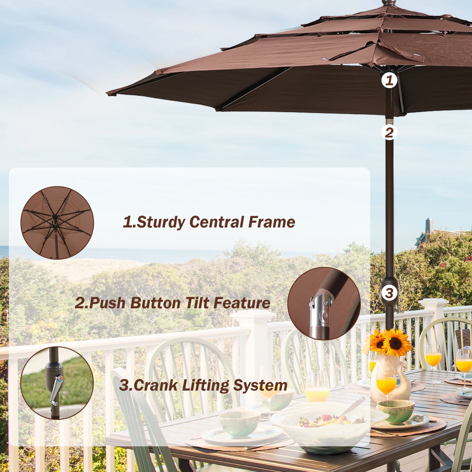 Aoodor 10ft 3-Tier Patio Umbrella, Outdoor Table Market Umbrella Tilt Adjustment and Crank - Coffee