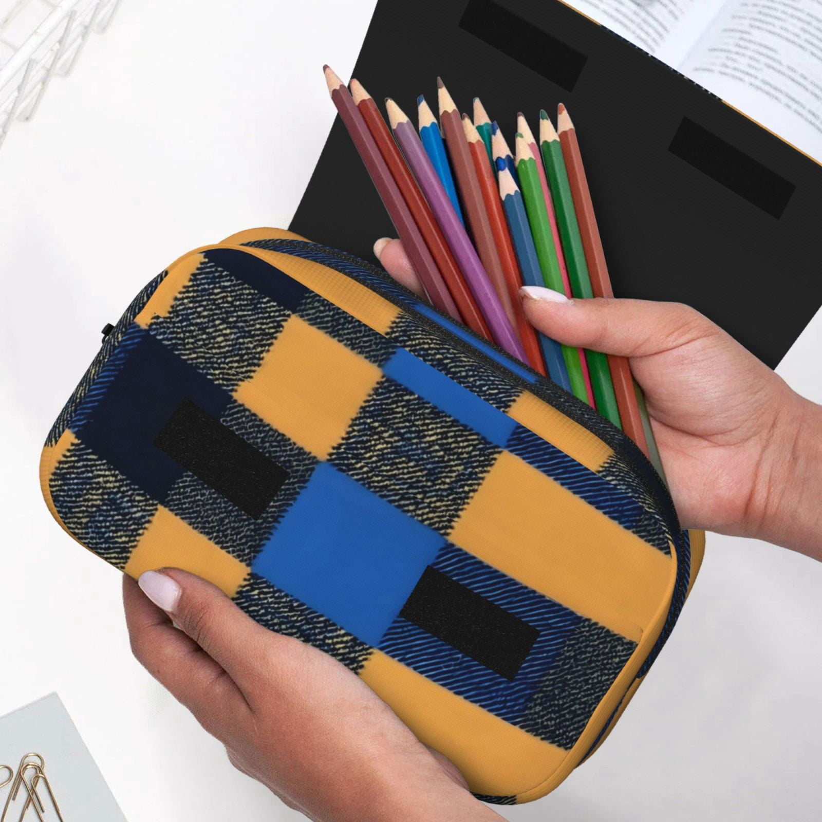 Large-Capacity Flip-Top Double-Layer Pencil Case, Multi-Functional Pocket Pen Case, Durable Stationery Organizer Cornflowerblue Buffalo Plaid Check Tartan Scotland_2
