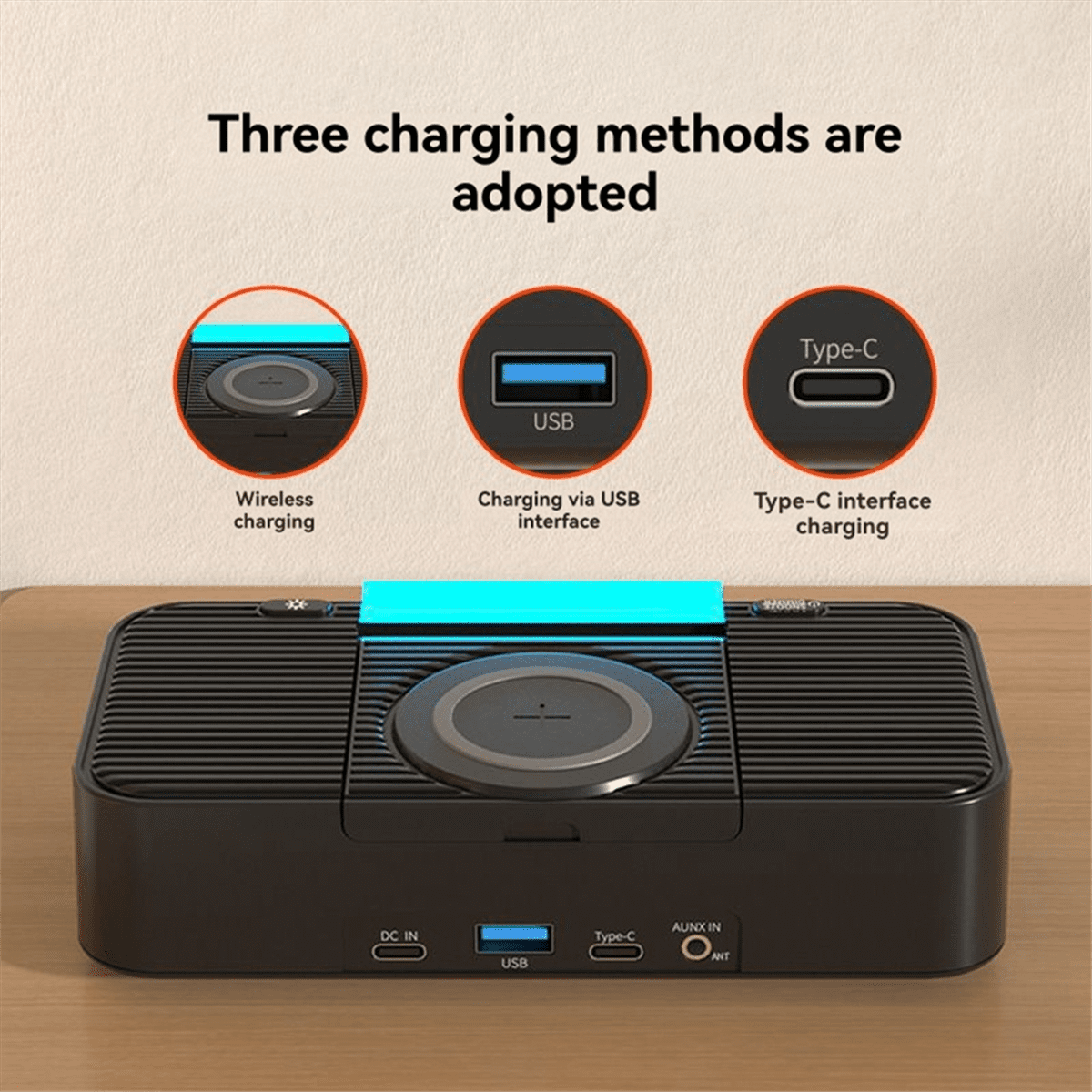 Wireless Charging Station with Bluetooth Speaker, Alarm Clock, FM Radio, Night Light, Phone Holder, Adjustable Display