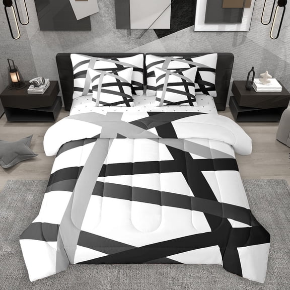 Homewish White Black Lines 7-Piece Twin Bedding Sets,Modern Asbtract Geometric Bedding Comforter Set,Minimalism Style Sheet Sets For Men Women,Super Cozy Room Decor