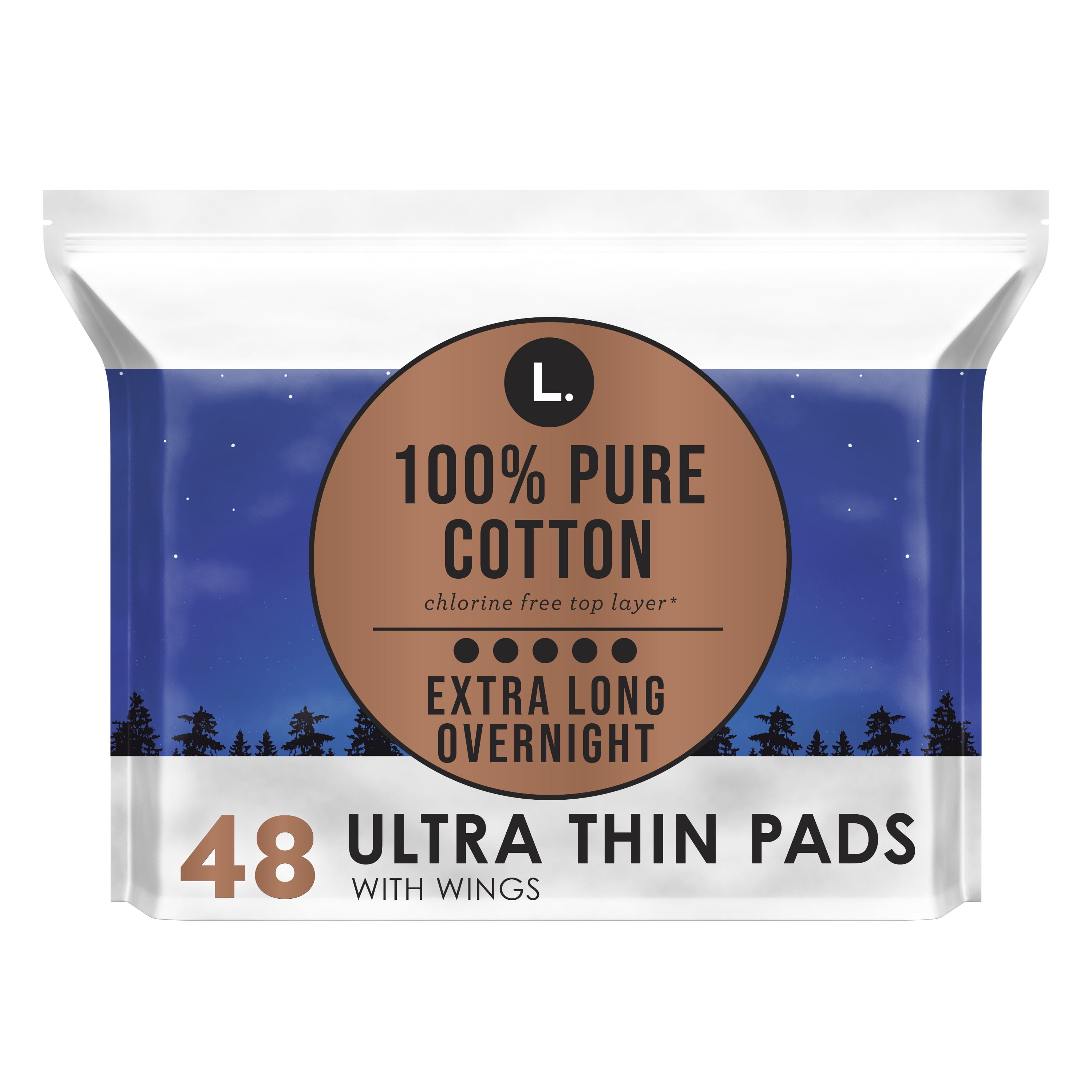 L. Chlorine Free Ultra Thin Overnight Absorbency Pads with Wings, 48 Count