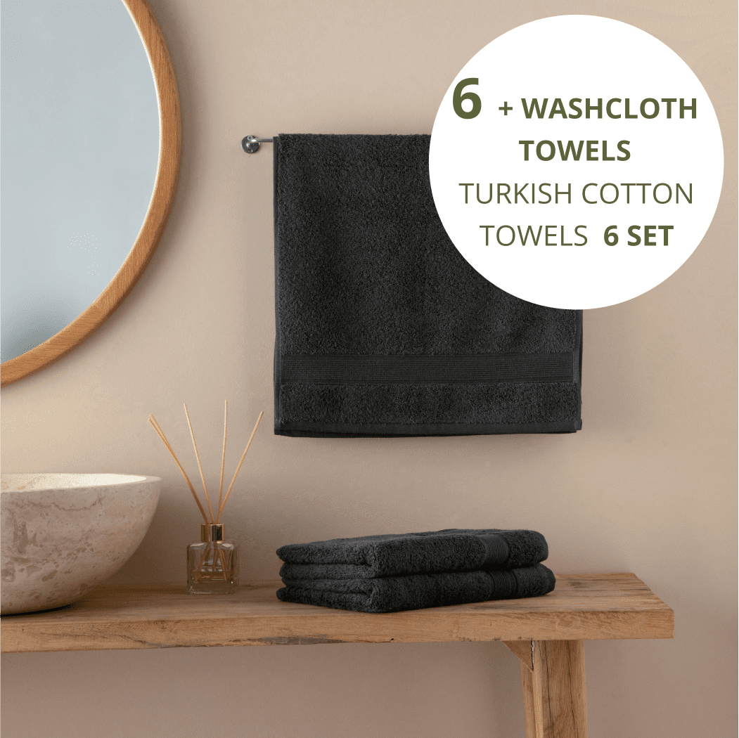 HOME ESSENTIALS Set of 6 Turkish Hand Towels for Bathroom 100% Cotton, 600 GSM Soft Touch, Fluffy, Easy Dry, Luxurious, Comfortable, Sustainable Turkish Towel 16"x30" Black
