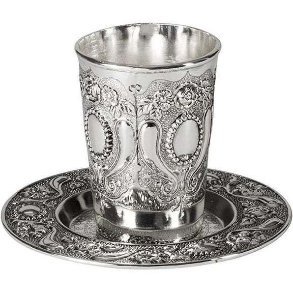 Ner Mitzvah, 3.5" Silver Colored Kiddush Cup and Tray Set - Judaica Gift