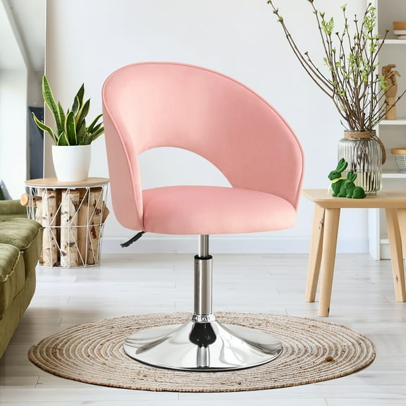 Furniliving Adjustable Height Velvet Accent Chair with Silver Tone Finished Base 360 Degree Swivel Leisure Chair for Living Room Bedroom, Pink