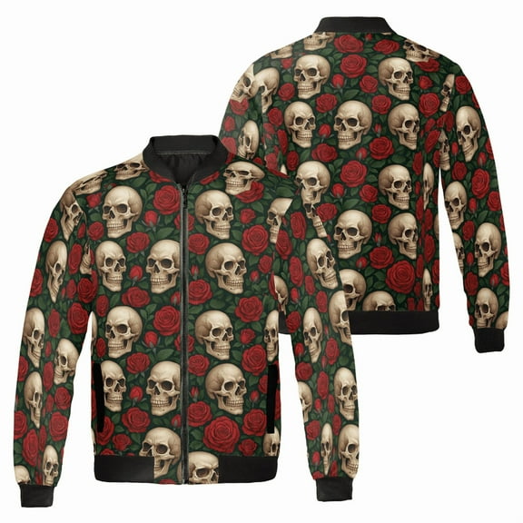 Skull and Roses Bomber Jacket – Gothic All Over Print, Red Rose & Skull Pattern Streetwear, Punk Rock Fashion Coat for Men & Women