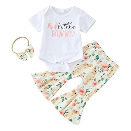 

XJDJHC Toddler Baby Girls Clothes Girls Short Sleeve Easter Rabbit Prints Romper Bodysuit Bell Bottoms Pants Outfits Fashion Streetwear 3-6 Months