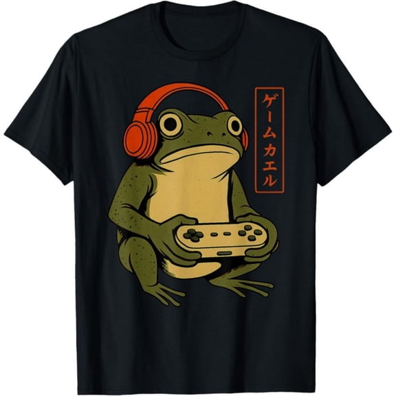 Men's 100% Cotton T-Shirt 180gsm - Japanese Gamer Frog Art Funny Vintage Gaming T-Shirt, Black Comfortable Breathable Soft Tee, Valentine's Gift for Men