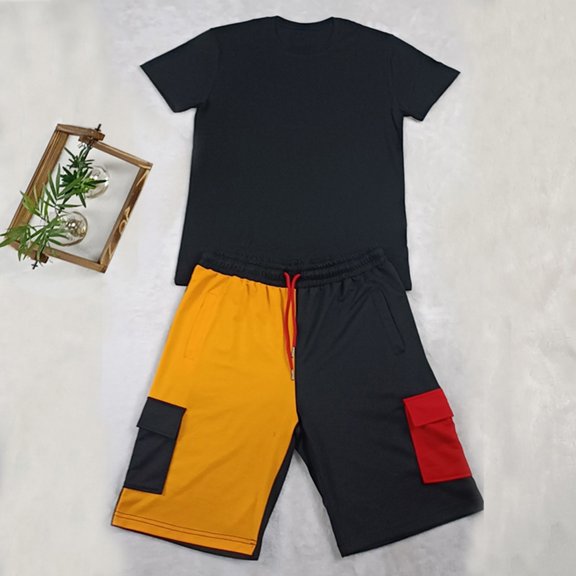 Vedolay Mens' Short Set Men's Shirt And Shorts Set Summer Casual Short Sleeve Men's Sportswear Solid Color Streetwear Suits,Orange 3XL