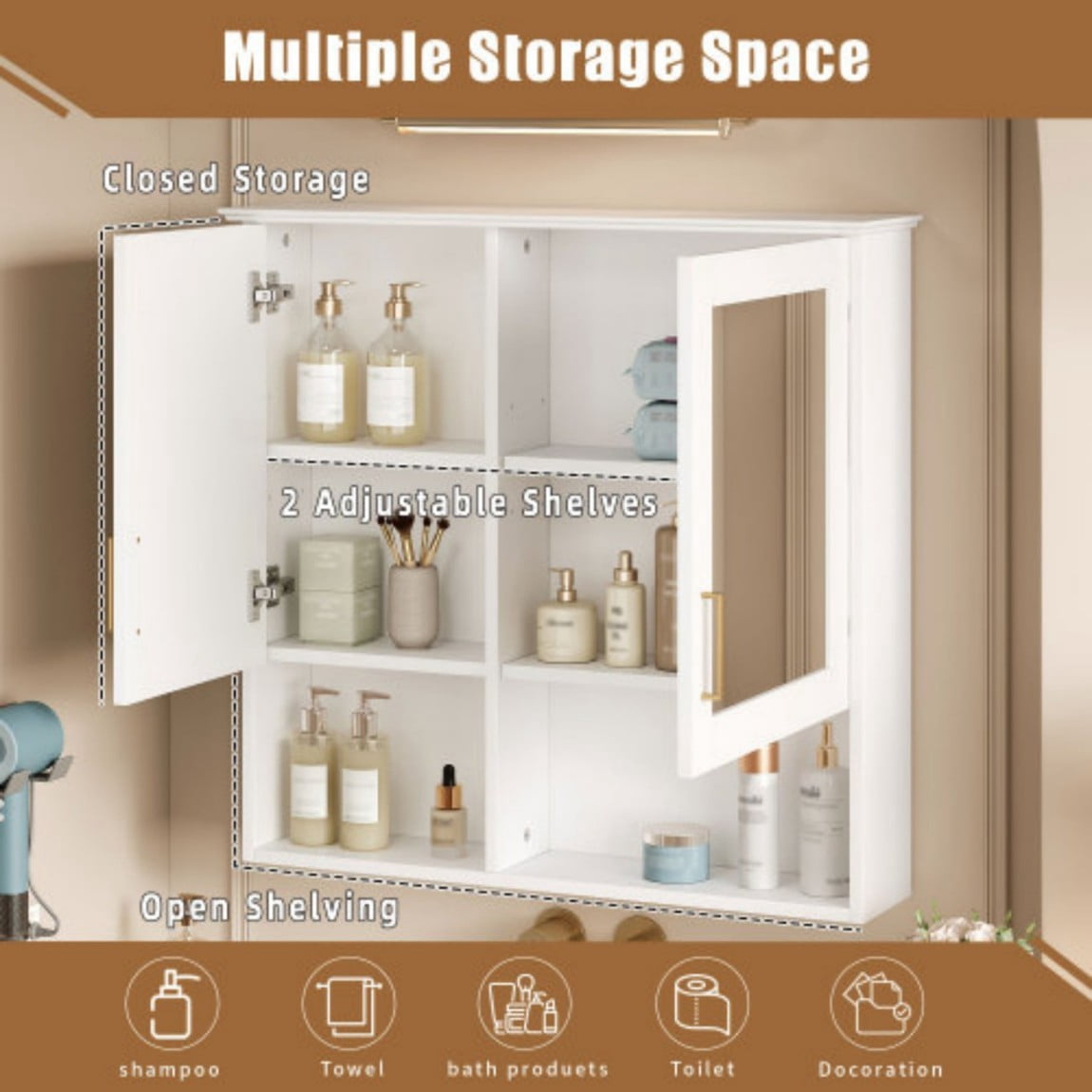 30" Wall Mounted Medicine Cabinet with Mirror, Bathroom Storage Cabinet with Adjustable Shelves, Soft Close Doors, Modern Mirror Cabinet for Bathroom Vanity, White