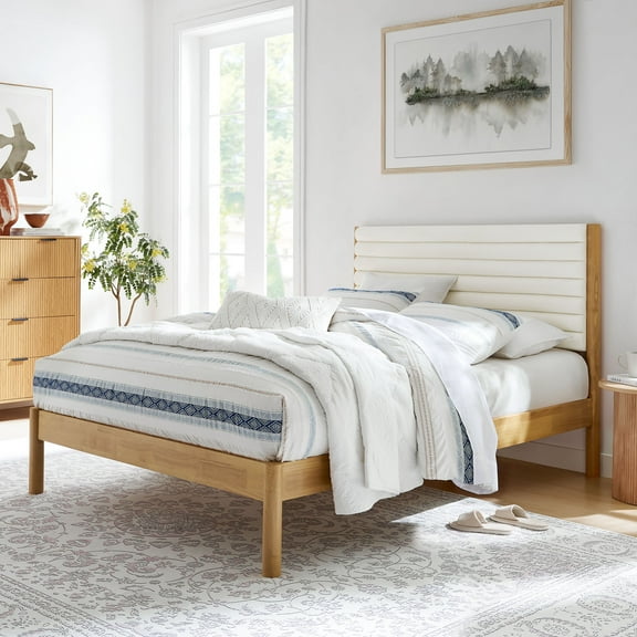 Modway Olea Channel Tufted Boucle Solid Wood King Platform Bed in Feather Oak