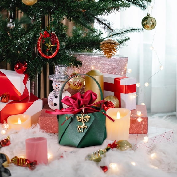 hengsof Christmas Leather Apple Bags Candy Bucket Tote Velvet Bags Christmas Apple Shaped Candy Gift Bags