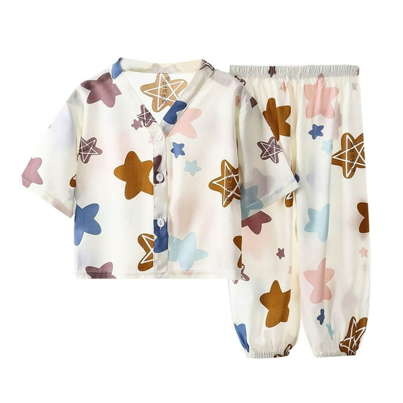 CYRBOKO Summer Pajama Sets for Boys, 2 Pieces V-neck Cotton Loungewear Sets Yellow Size 10-12 T