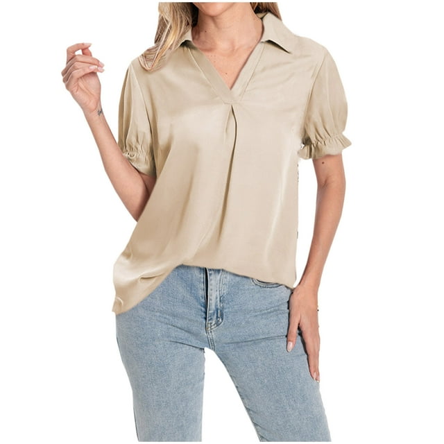 Mode Femmes Décontracté Col en V Col Rabattu Manches Courtes Haut à Volants Blouse
