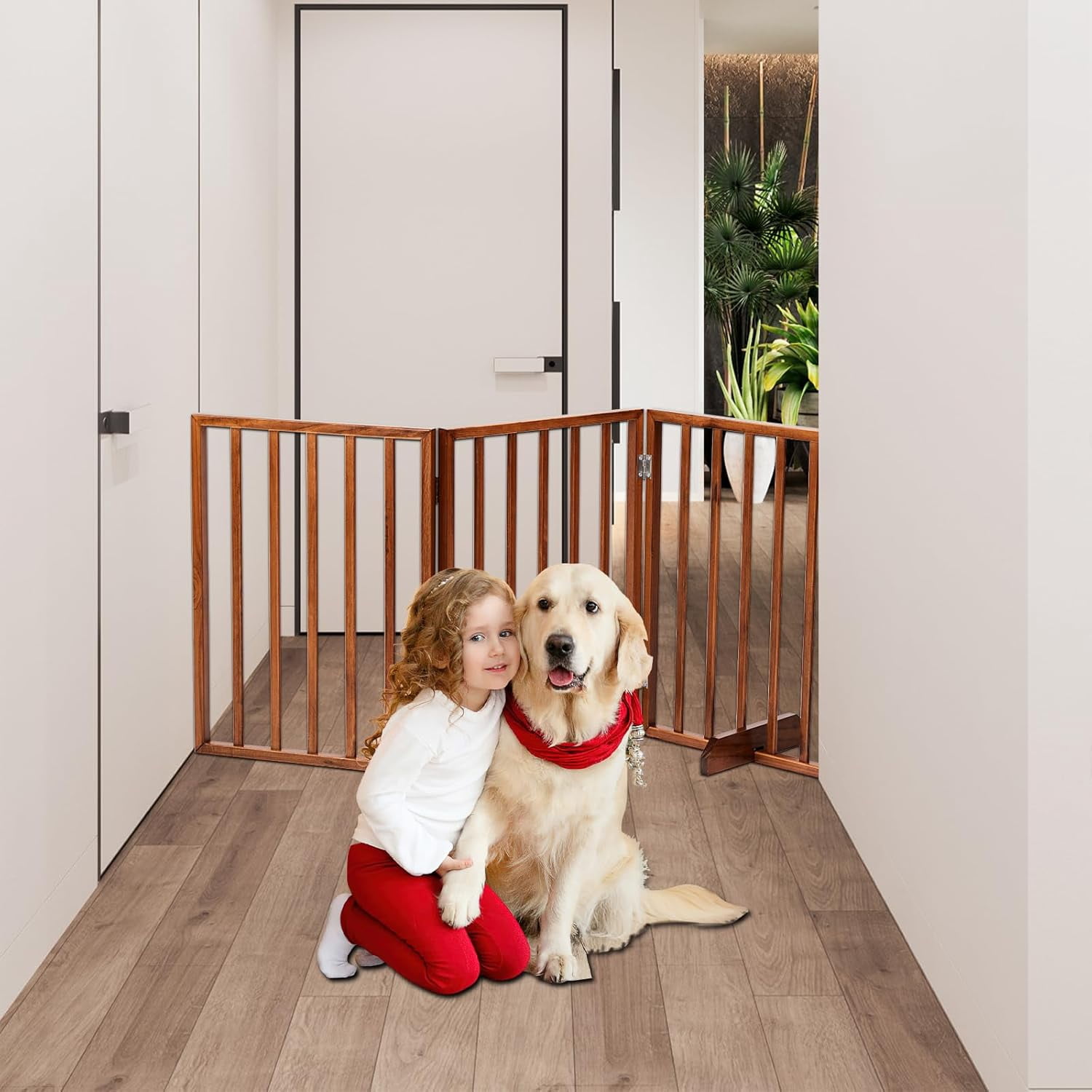 BONNLO Free Standing Dog Gate Indoor, Foldable Pet Gate for Dogs and Puppy, 24" Height Wooden Dog Gates for Doorways Extra Wide/Stairs/Hallways (Brown, 3 Panel)