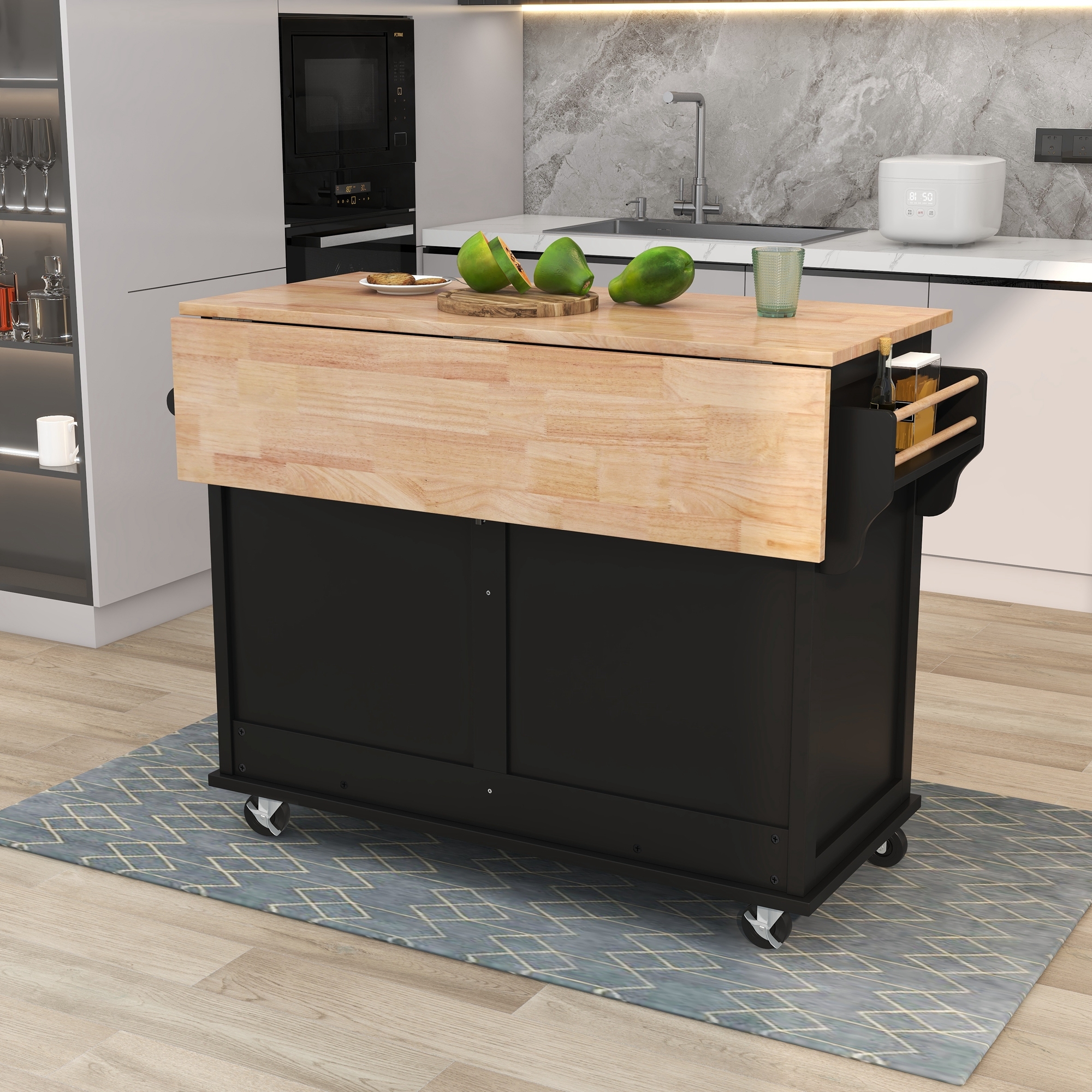 DEALTOPS 52.2 inch Kitchen Cart with Rubber Wood Drop-Leaf Countertop, Concealed Sliding Barn Door Adjustable Height, Kitchen Island on 4 Wheels with Storage Cabinet and 2 Drawers-Black