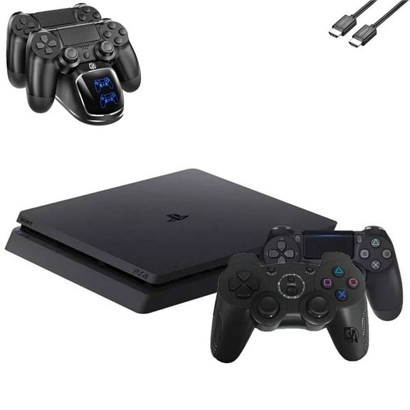 Restored Sony 2215A PlayStation 4 Slim 500GB Gaming Console Black with Charging Dock HDMI Cable 2 Controller Bolt Axtion (Refurbished)