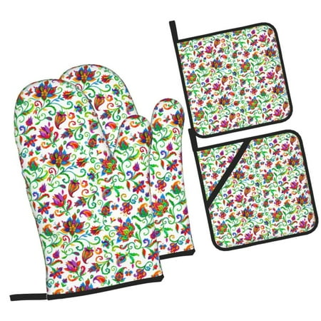 

Pofeuu Paisley Print Oven Mitts and Pot Holders 4 pcs Set High Heat Resistant 500 Degree Extra Thicken Long Kitchen Cotton Oven Glove for Cooking