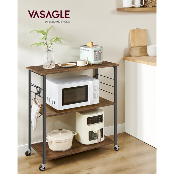 Rustic Brown & Black Industrial - Style Kitchen Cart on Wheels - 3 - Shelf Serving Cart with 6 Hooks. Ideal for Microwave, Mini Oven, Toaster