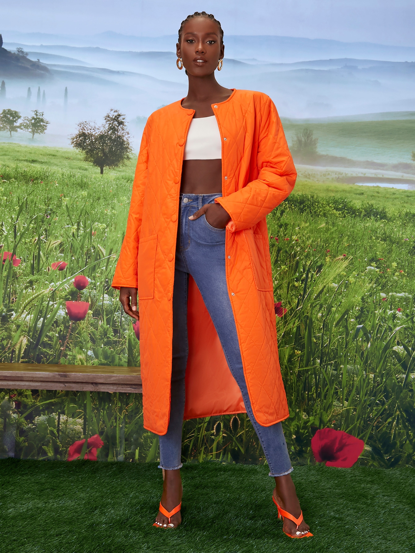 Button Front Belted Quilted Winter Coat 