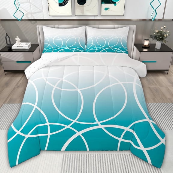 jejeloiu Stripes Lines Circle Twin Comforter Sets,Cyan White Bedding Set For Teens Kids Reversible 2pcs