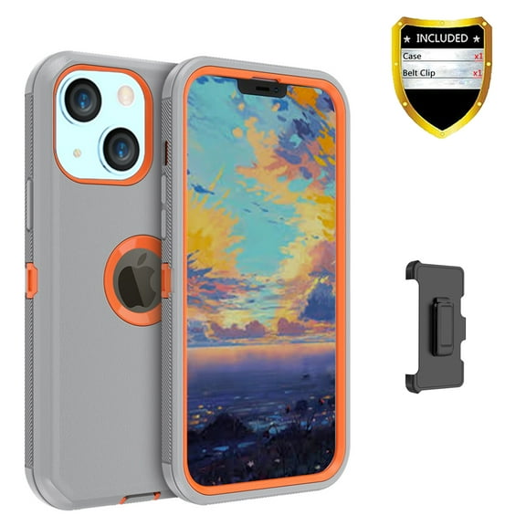 Xihaiying iPhone 13 Case 6.1", Heavy Duty Hard Shockproof Armor Protector Case Cover with Belt Clip Holster (Gray Orange)