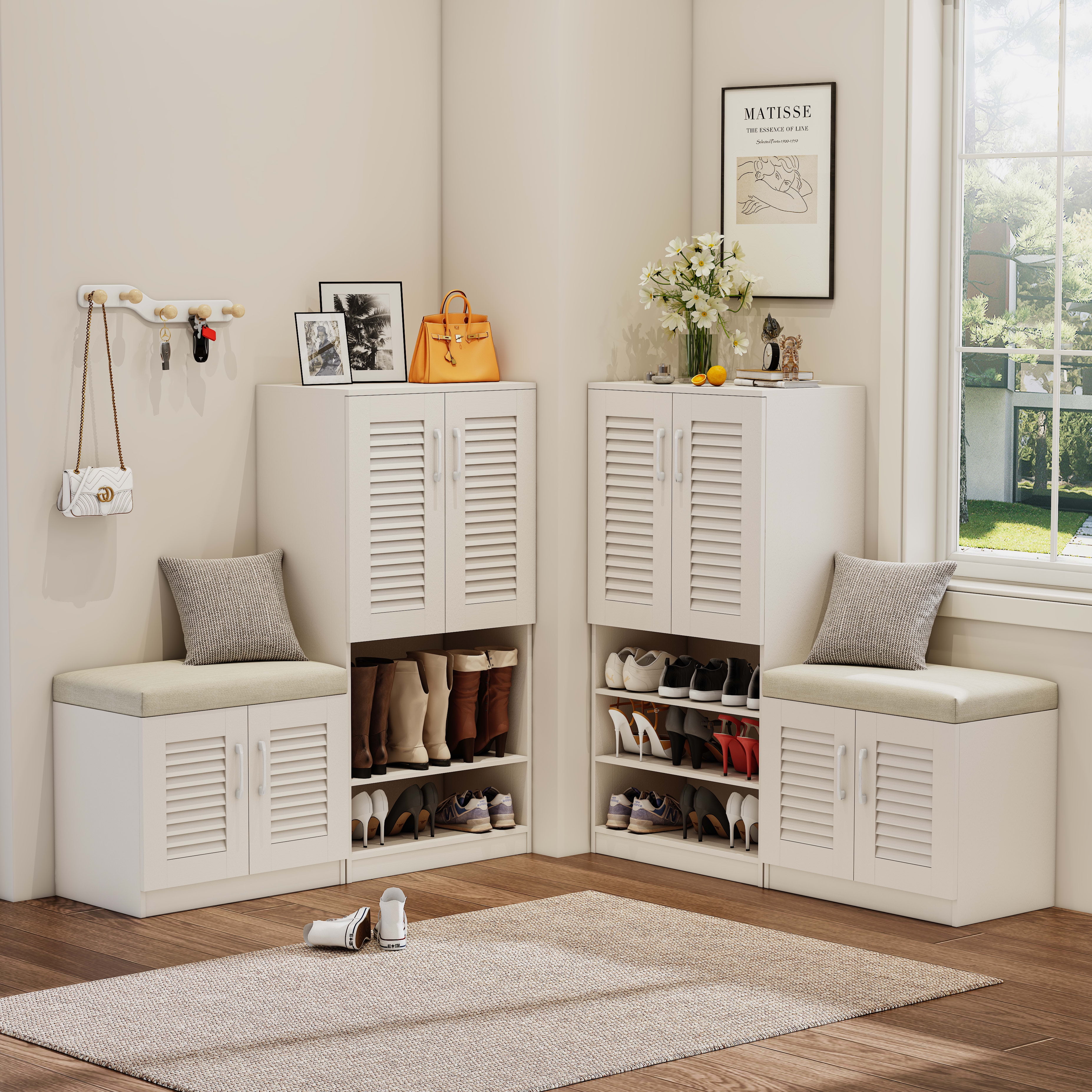Aukfa Shoe Storage Cabinet with Cushion Bench, Shoe Bench Freestanding Shoe Rack for Mudroom, Hallway,White