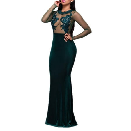 Velvet Gown Dress - Mesh Lace Applique Velvet Evening Maxi Gown Dress