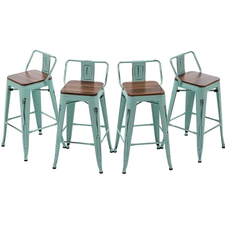 Andeworld Bar Stools Set of 4 Counter Height Stools Industrial Metal Barstools with Wooden Seats( 26 Inch Distressed Green Blue)