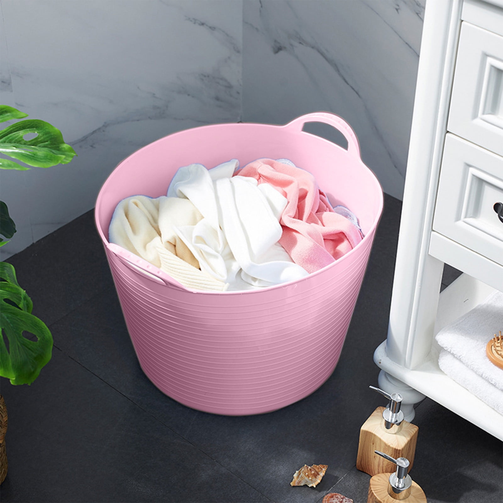XIAOLE Laundry Basket 15L Durable and Flexible, Portable Round Bin, Hamper for Storage for Closet Dorm Laundry Room Bedroom, Pink