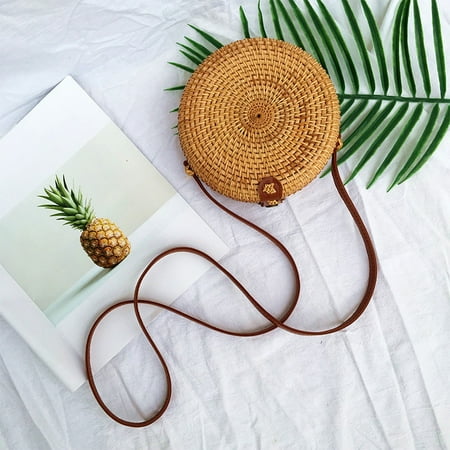 One Ball Knits Purses - Fahion Handwoven Rattan Bag Beach Crossbody Straw Knitted for Women with Shoulder Leather Straps