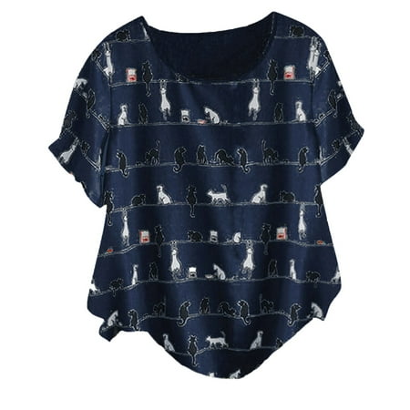 

JDEFEG T Shirts for Women Top Womens Round Neck Short Sleeve Top Button Print Top T Shirt Loose Plus Size Top Scrub Jackets Women Polyester Navy M