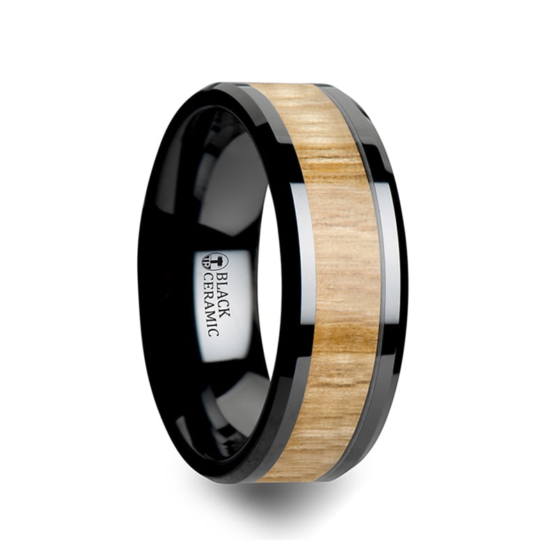Black Ceramic Wedding Ring with Real Ash Wood Inlay and Polished Beveled Edges 8mm Band 