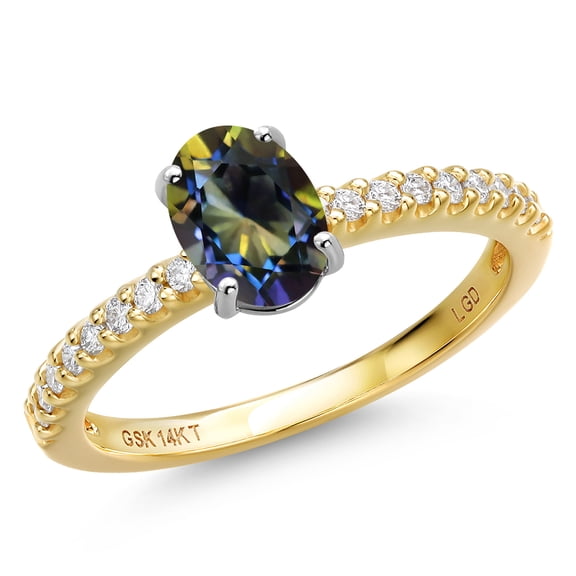 Gem Stone King 14K Two Tone Gold Blue Mystic Topaz and Lab Grown Diamond Engagement Ring for Women | 1.11 Cttw | Oval 7X5MM | Gemstone November Birthstone | Size 8