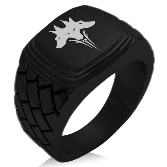 Stainless Steel Greek Mythology Cerberus Geometric Pattern Step-Down Biker Style Polished Ring