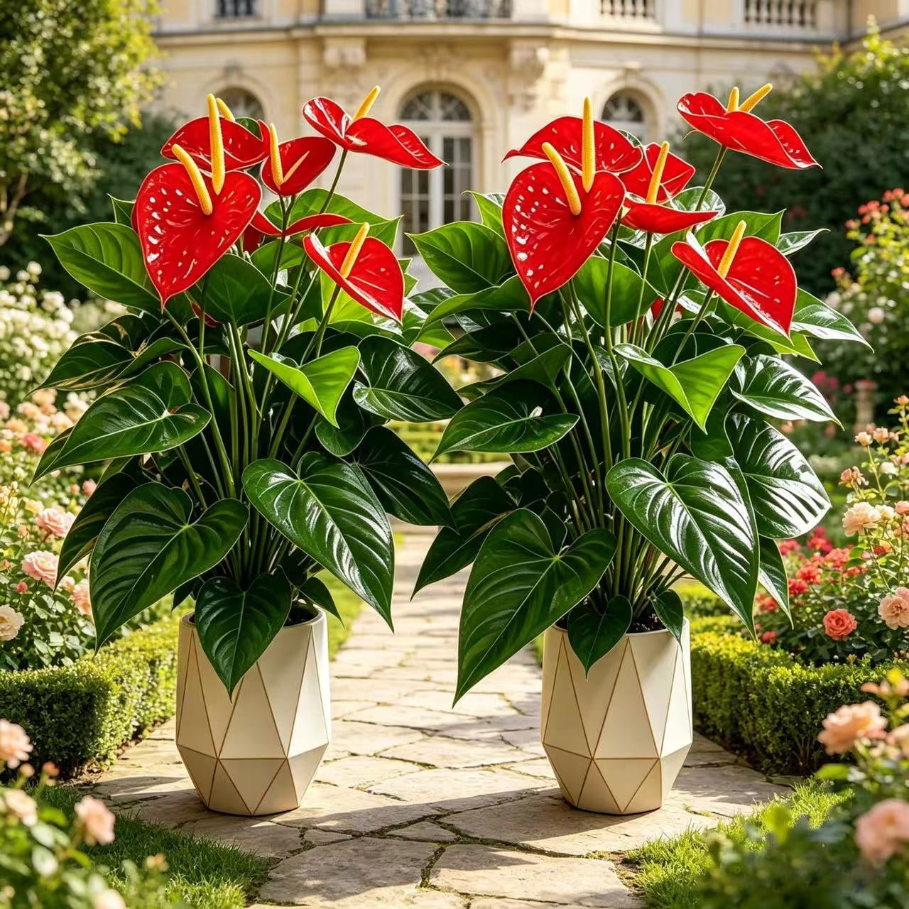 21.65in Artificial Anthurium Plant, 4Pcs 18 Leaves Faux Red Flowers, Large Fake Potted Plants for Home Decor Indoor Outdoor, No Pot