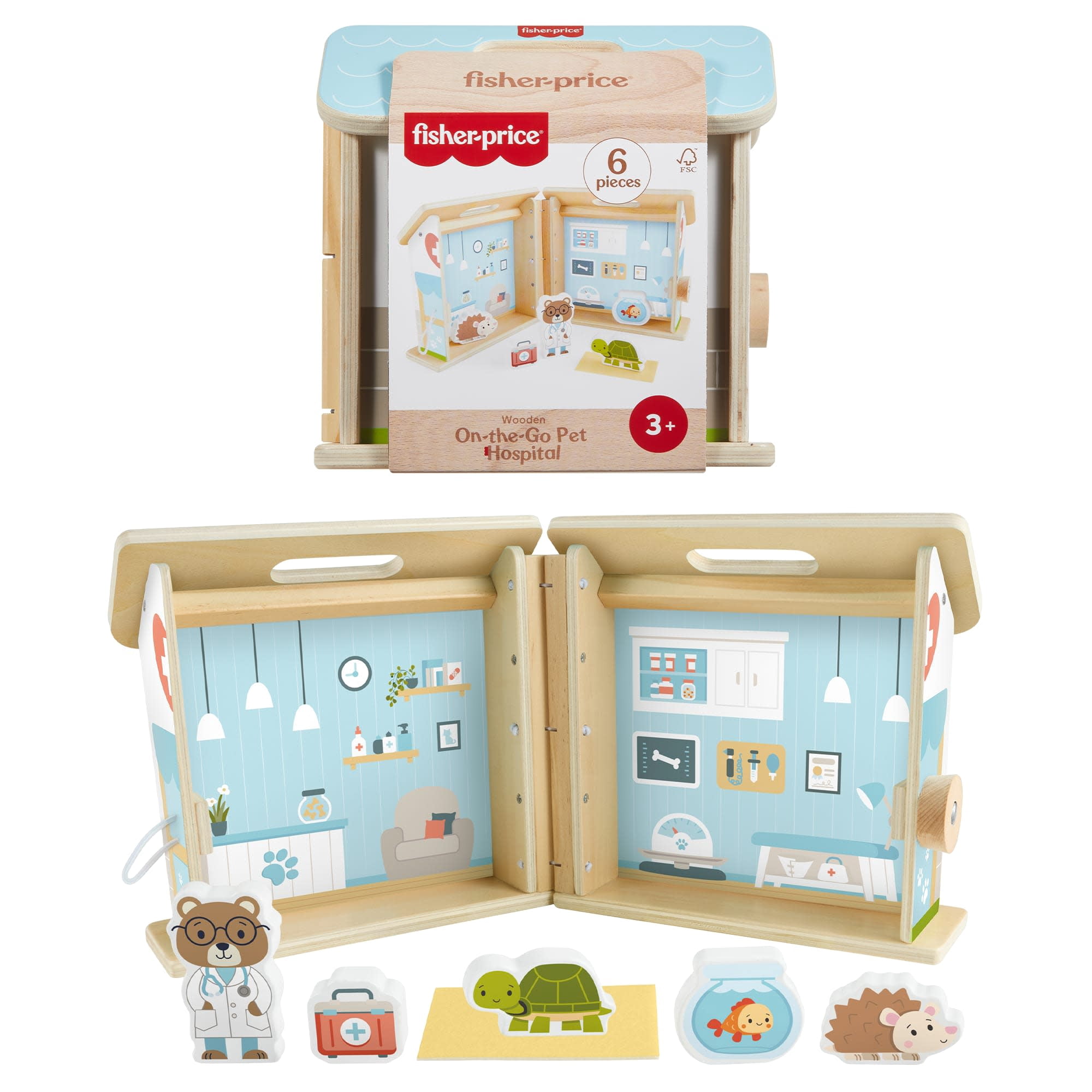 Fisher-Price Wooden On-The-Go Pet Animal Hospital Dollhouse with 6 Play Pieces for Preschool Kids Ages 3 and up