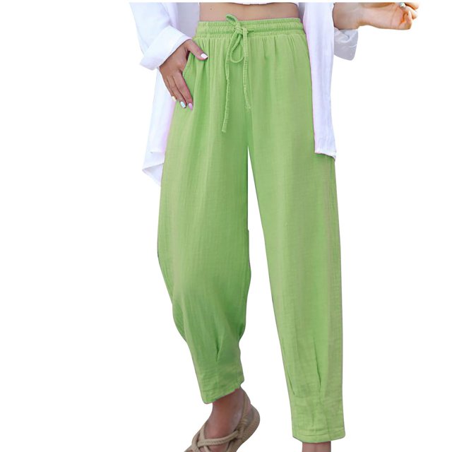 Timegard Summer Pants for Women Baggy Elastic High Waisted Drawstring Casual Loose Trousers with Pockets