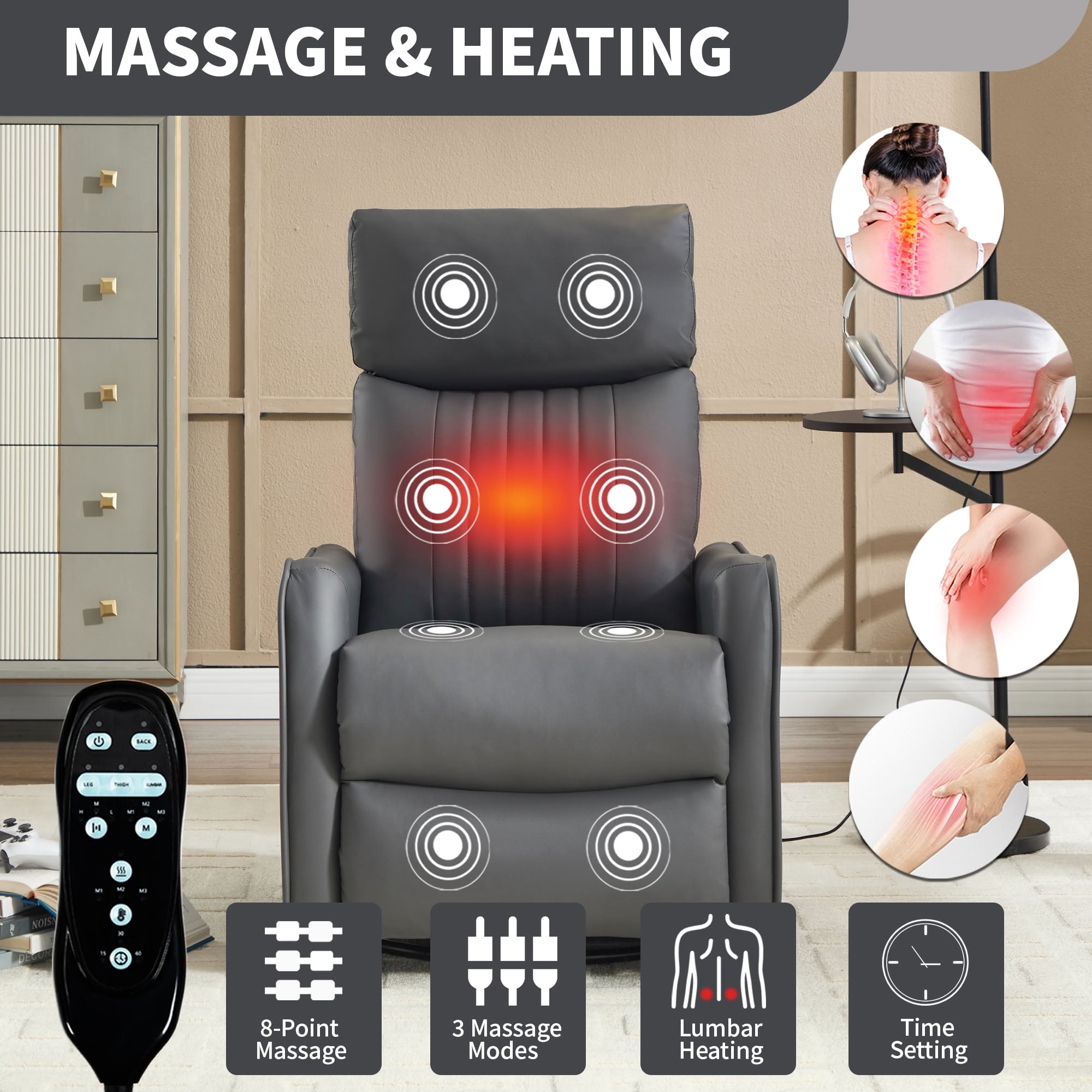 MAYEERTY Faux Leather Swivel Recliner Chair, Manual Rocker Glider Chair with 8-Point Vibration Massage & Lumbar Heat, for Living Room Nursery Home Office