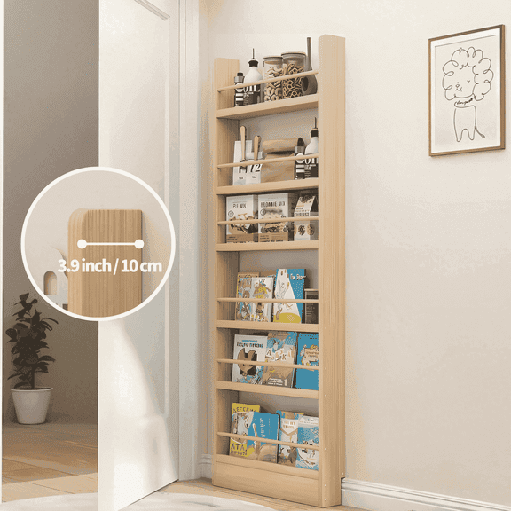 VGBYUJ 6 Tier Behind The Door Bookshelf, 70" Behind The Door Storage Organizer, Space-Saving Wall Mount Narrow Book Shelf, Solid Wood