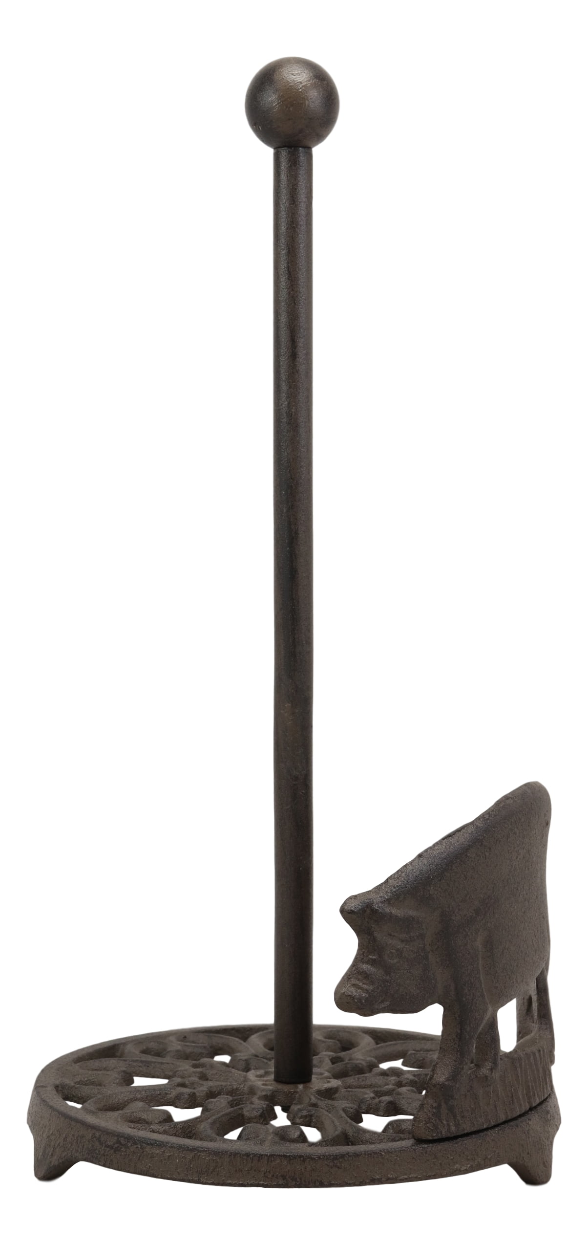 Ebros 13.5"Tall Cast Iron Rustic Farm Pig With Scroll Art Paper Towel Holder