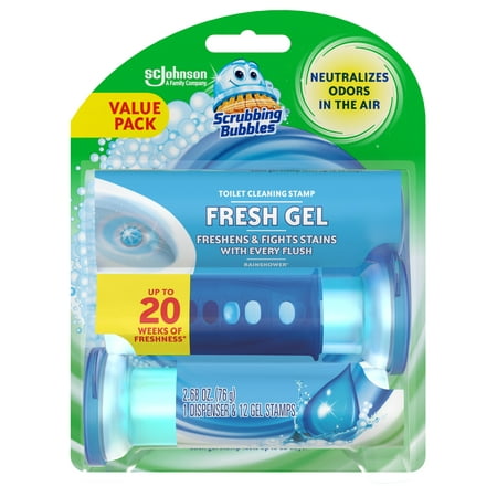 Scrubbing Bubbles Fresh Gel Toilet Cleaning Stamp, Rainshower, Dispenser with 12 Gel Stamps, 2.68 Oz