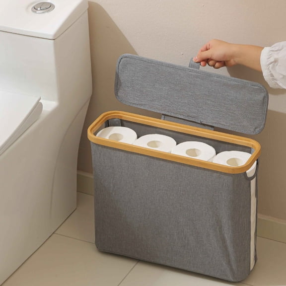 Toilet Paper Basket with Lid, Toilet Paper Storage, Bamboo Linen Fabric Bathroom Organizer, Toilet Paper Bin, Bathroom Accessories Holder Storage Basket, Toilet Paper Organizer Basket, Gray