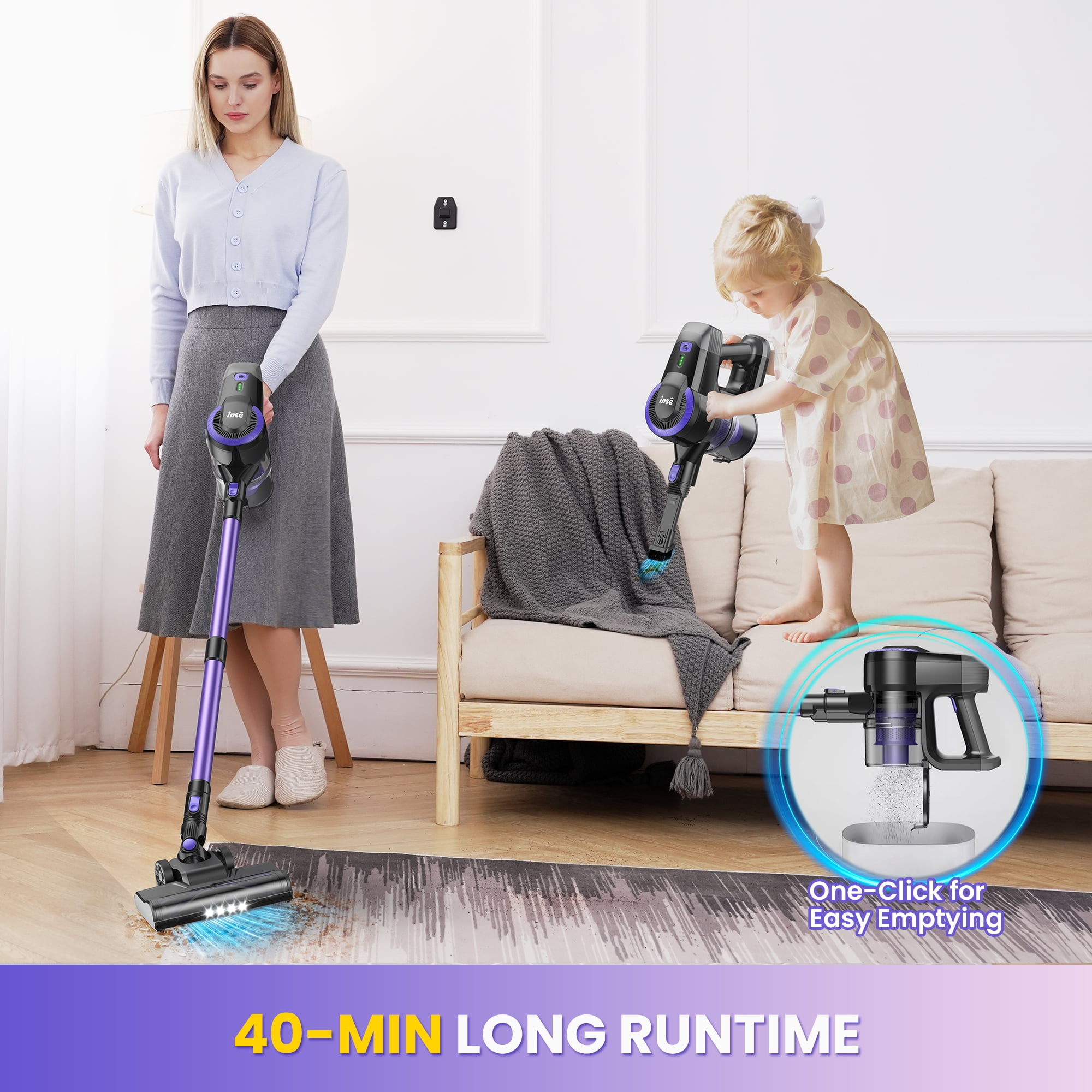 INSE Lightweight Cordless Stick Vacuum Cleaner for Carpet Hardwood Floor Pet Hair